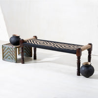 Wooden Patio Balcony Bench in Sheesham Wood (Black and Jute)