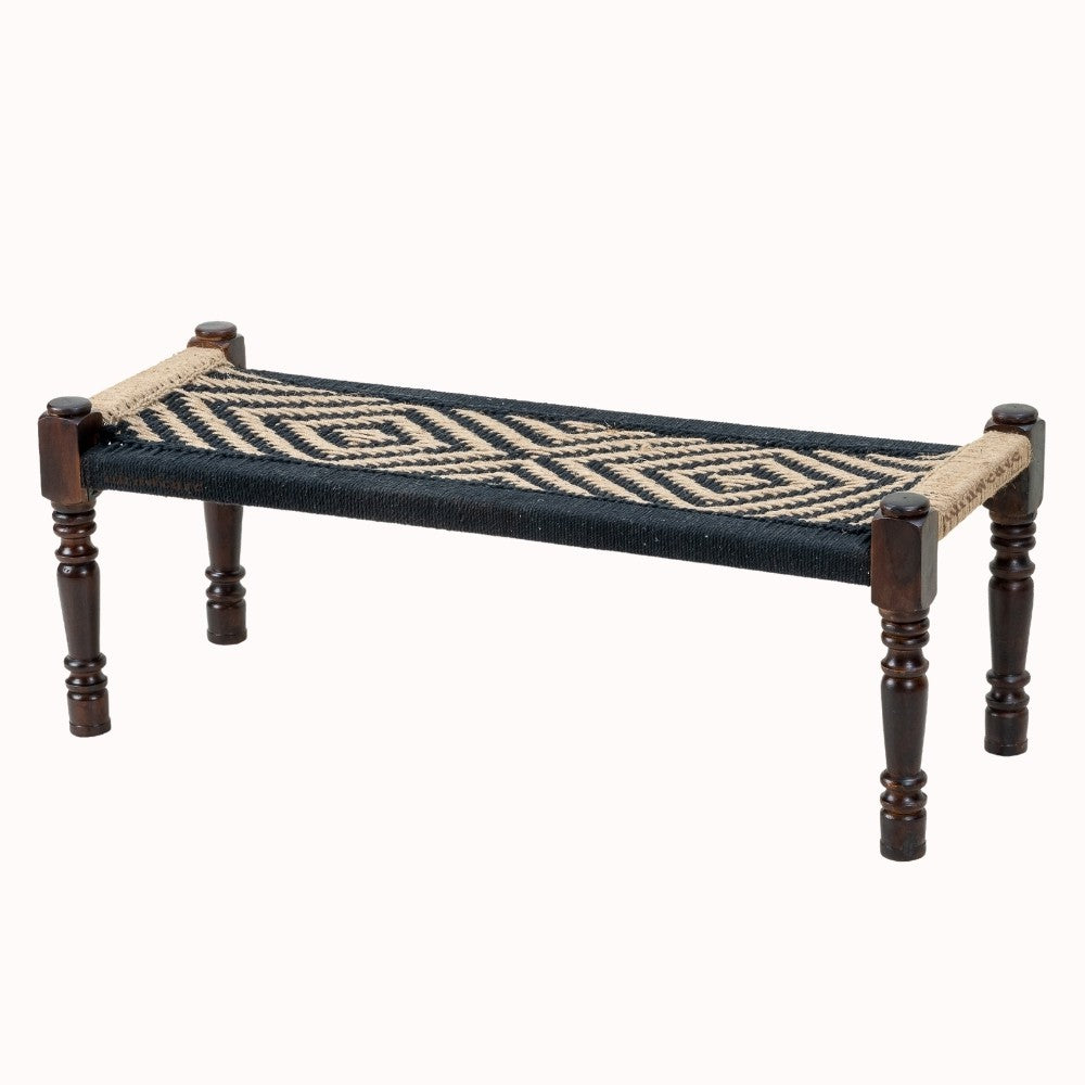 Wooden Patio Balcony Bench in Sheesham Wood (Black and Jute)