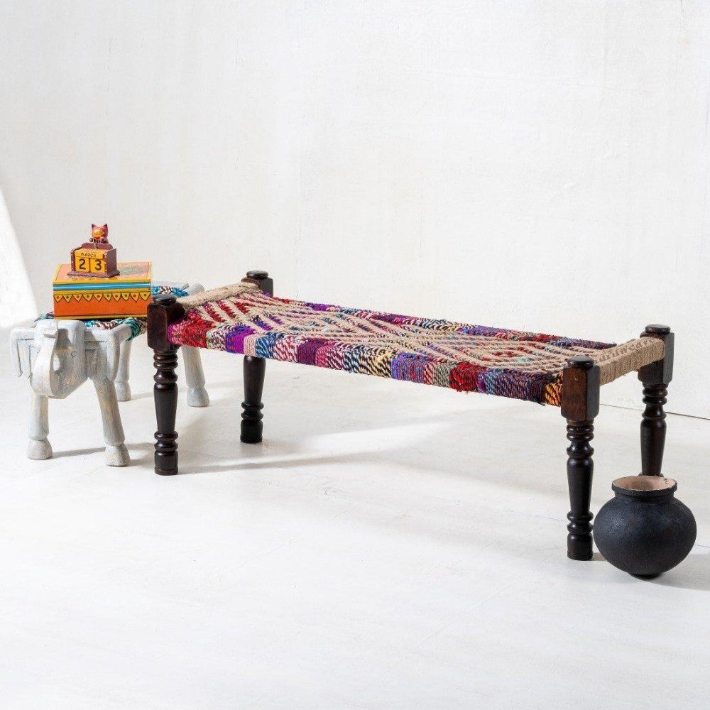 Wooden Patio Balcony Bench in Sheesham Wood (Jute and Multicolor)