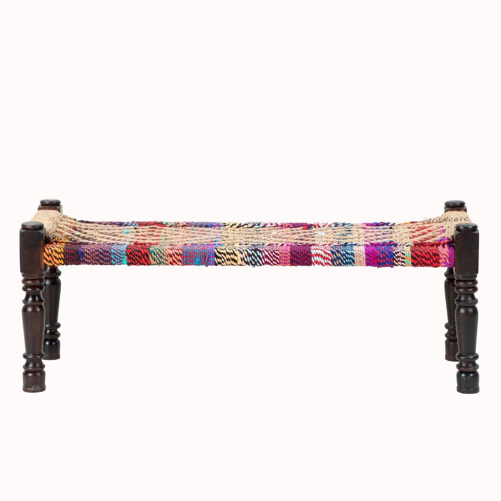 Wooden Patio Balcony Bench in Sheesham Wood (Jute and Multicolor)