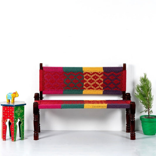 Srima Wooden Handwoven Backrest Bench (Colorful 2)