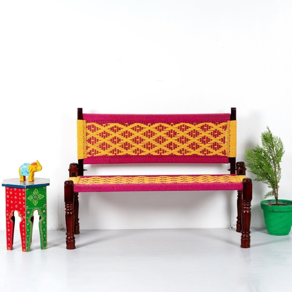 Srima Wooden Handwoven Backrest Bench (Pink and Yellow)