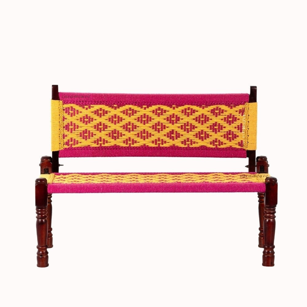 Srima Wooden Handwoven Backrest Bench (Pink and Yellow)