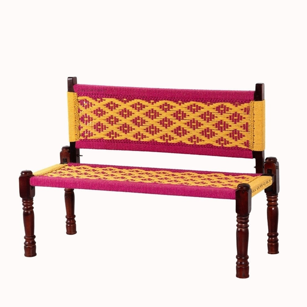 Srima Wooden Handwoven Backrest Bench (Pink and Yellow)