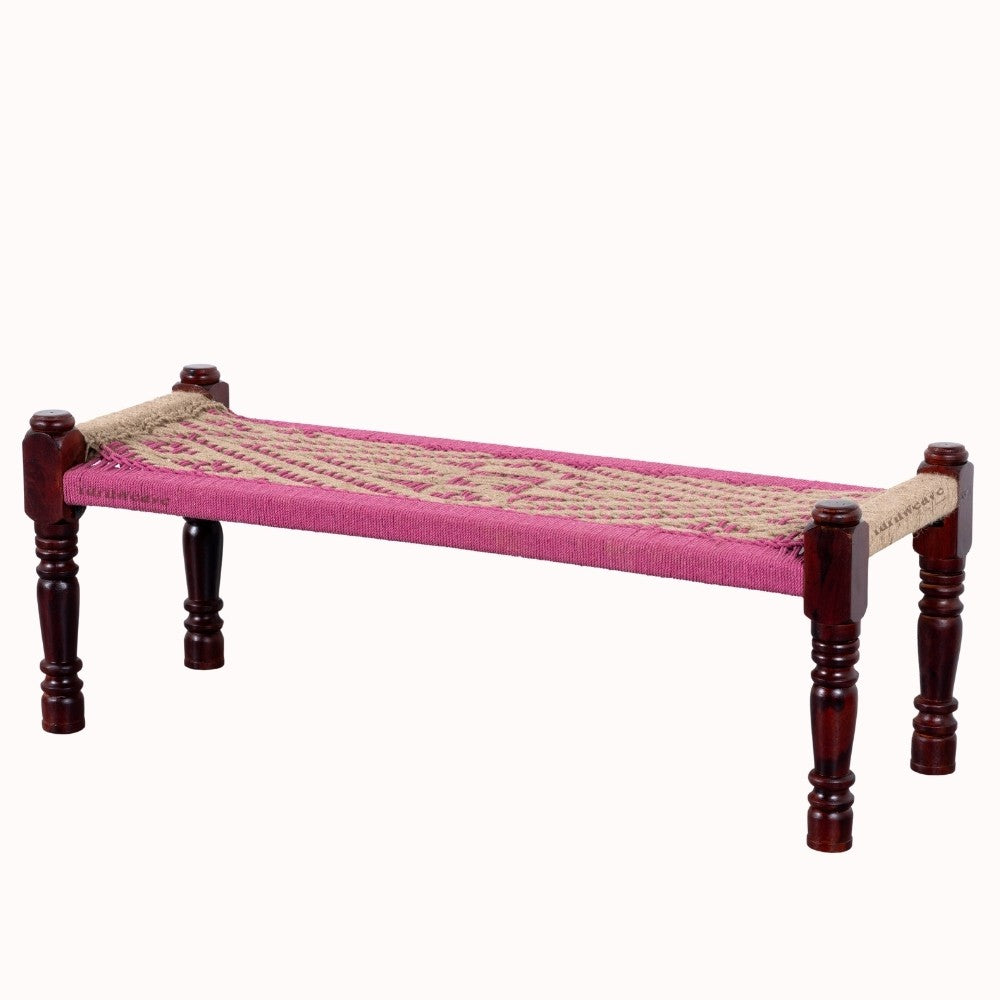 Wooden Patio Balcony Bench in Sheesham Wood (Jute and Pink)