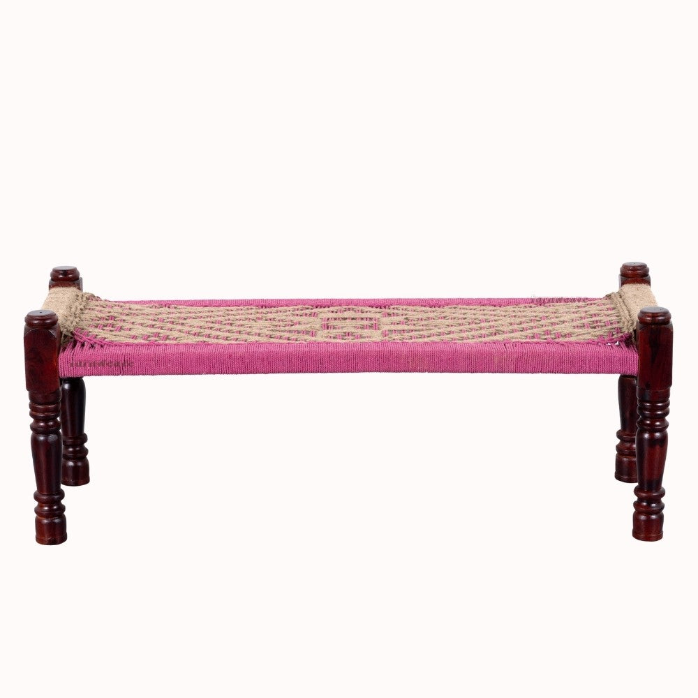 Wooden Patio Balcony Bench in Sheesham Wood (Jute and Pink)