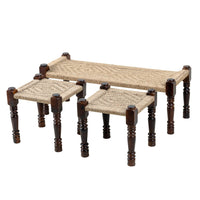 Rajasthani Wooden Handwoven Set of Two Stools and Bench (Jute)