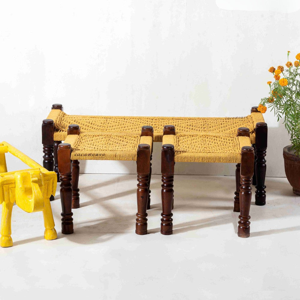 Rajasthani Wooden Handwoven Set of Two Stools and Bench (Yellow)