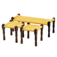 Rajasthani Wooden Handwoven Set of Two Stools and Bench (Yellow)