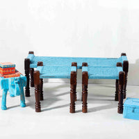 Rajasthani Wooden Handwoven Set of Two Stools and Bench (Blue)