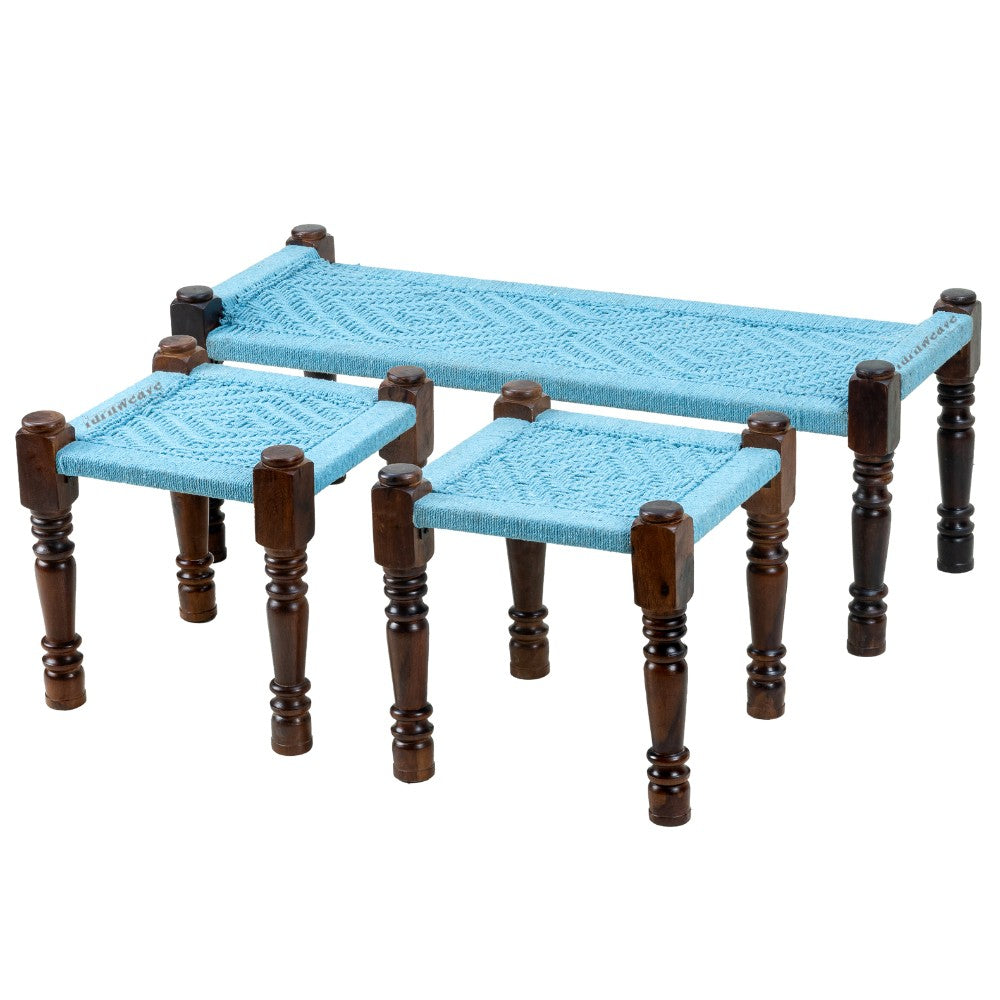 Rajasthani Wooden Handwoven Set of Two Stools and Bench (Blue)