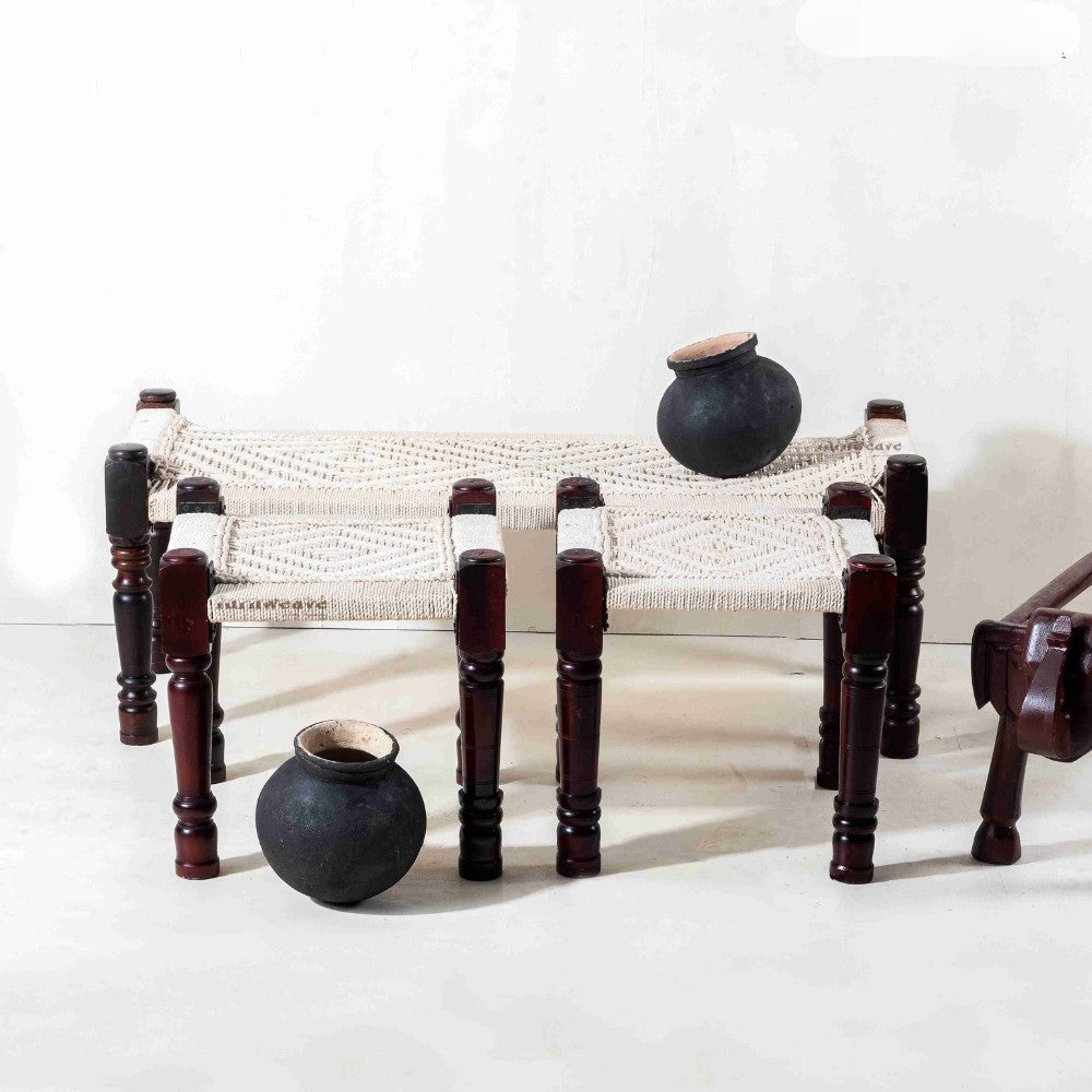 Rajasthani Wooden Handwoven Set of Two Stools and Bench (White)