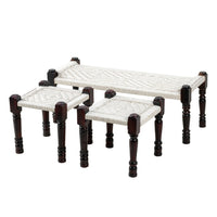 Rajasthani Wooden Handwoven Set of Two Stools and Bench (White)