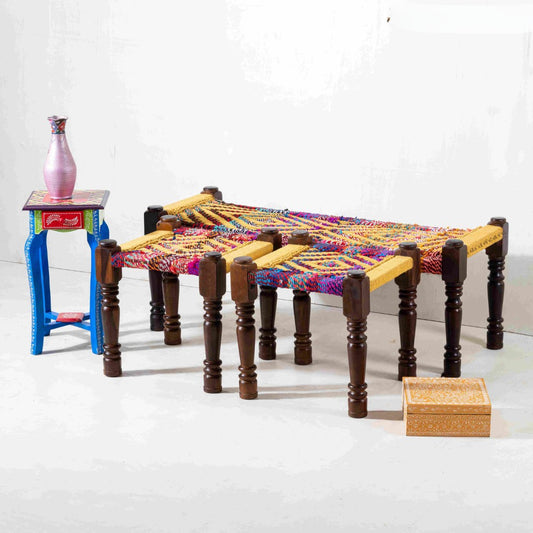 Rajasthani Wooden Handwoven Set of Two Stools and Bench (Multicolor Yellow)