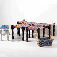 Rajasthani Wooden Handwoven Set of Two Stools and Bench (Multicolor Jute)