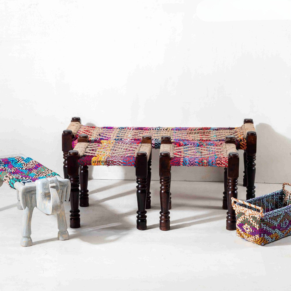 Rajasthani Wooden Handwoven Set of Two Stools and Bench (Multicolor Jute)