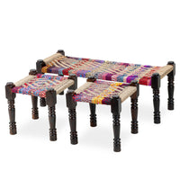 Rajasthani Wooden Handwoven Set of Two Stools and Bench (Multicolor Jute)