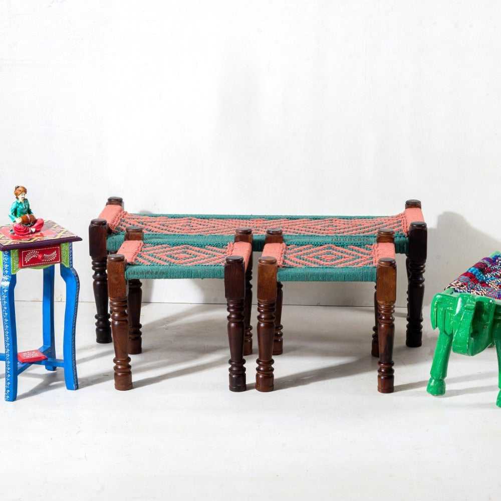 Rajasthani Wooden Handwoven Set of Two Stools and Bench (Orange Green)