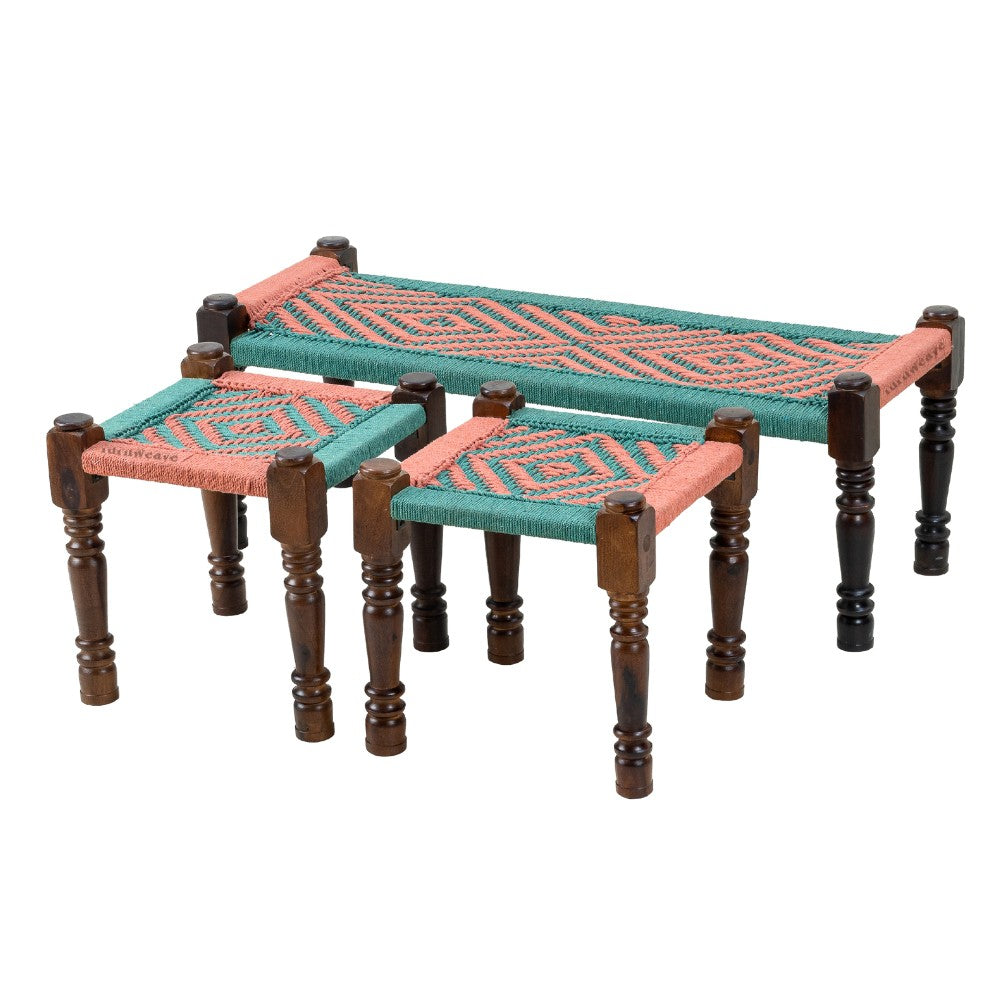 Rajasthani Wooden Handwoven Set of Two Stools and Bench (Orange Green)