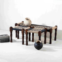 Rajasthani Wooden Handwoven Set of Two Stools and Bench (Black Jute)