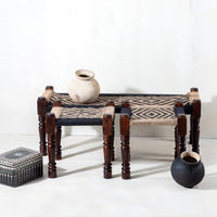 Rajasthani Wooden Handwoven Set of Two Stools and Bench (Black Jute)