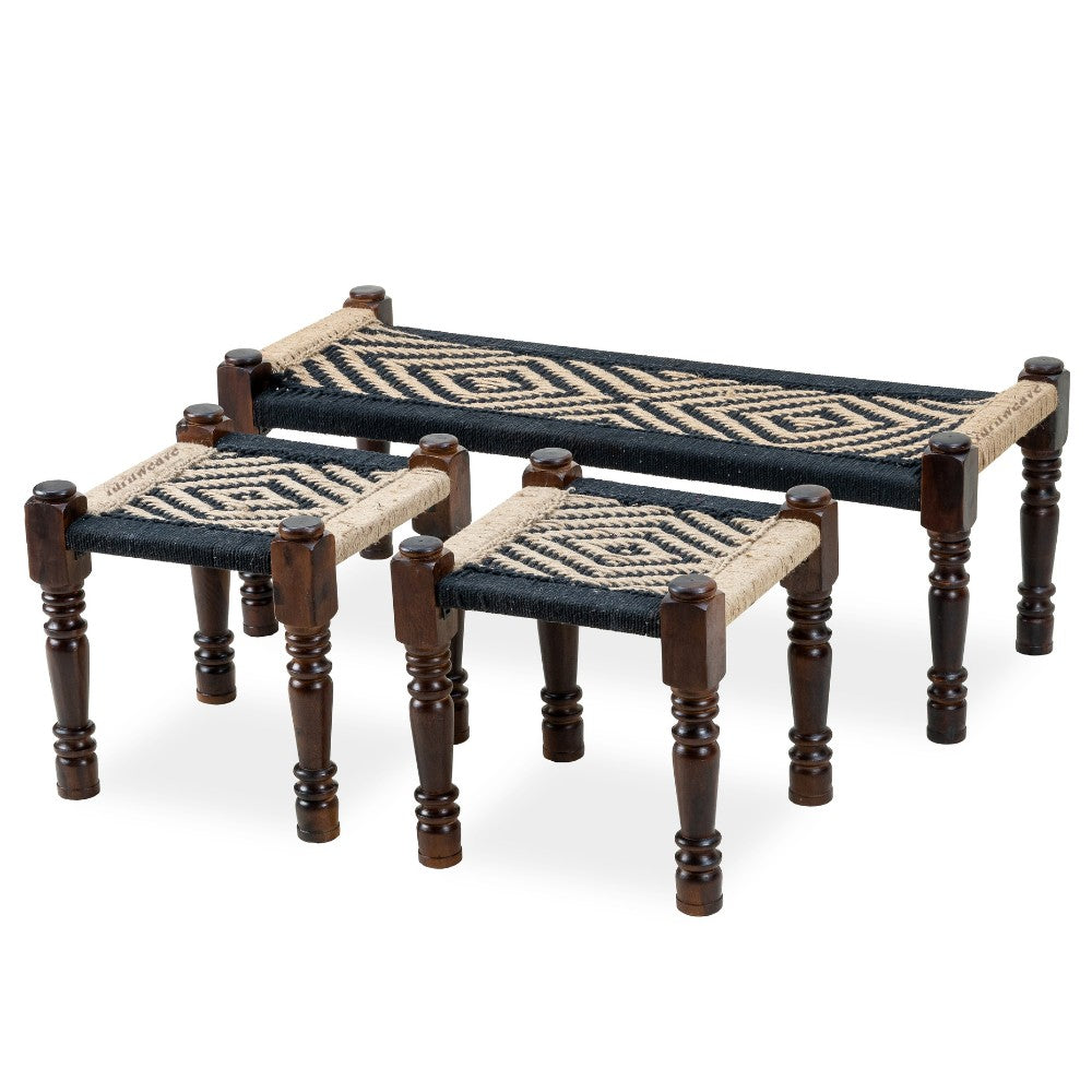 Rajasthani Wooden Handwoven Set of Two Stools and Bench (Black Jute)