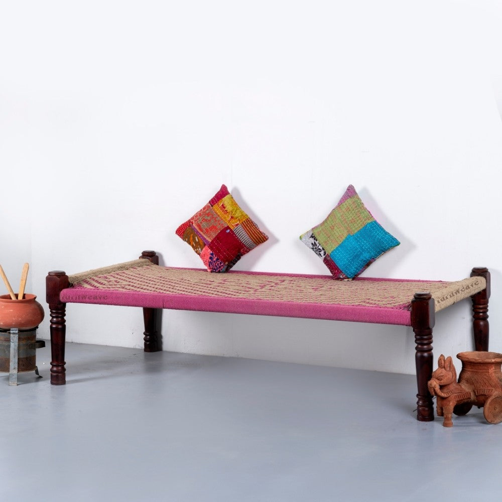 Rajasthani Wooden Khatiya Khaat (Jute and Pink)