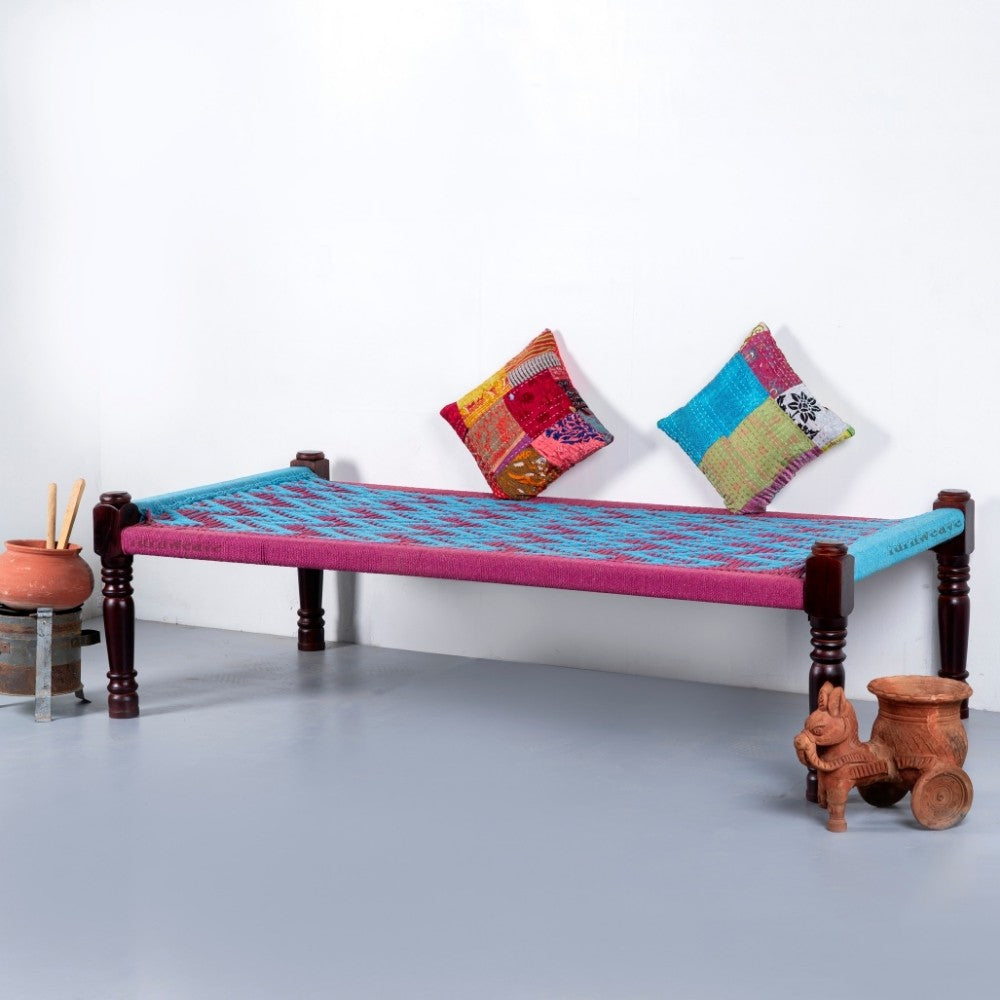 Rajasthani Wooden Khatiya Khaat (Pink and Light Blue)