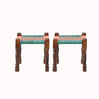 Rajasthani Wooden Khatiya Khaat with Two Stools with Plank (Orange and Green)