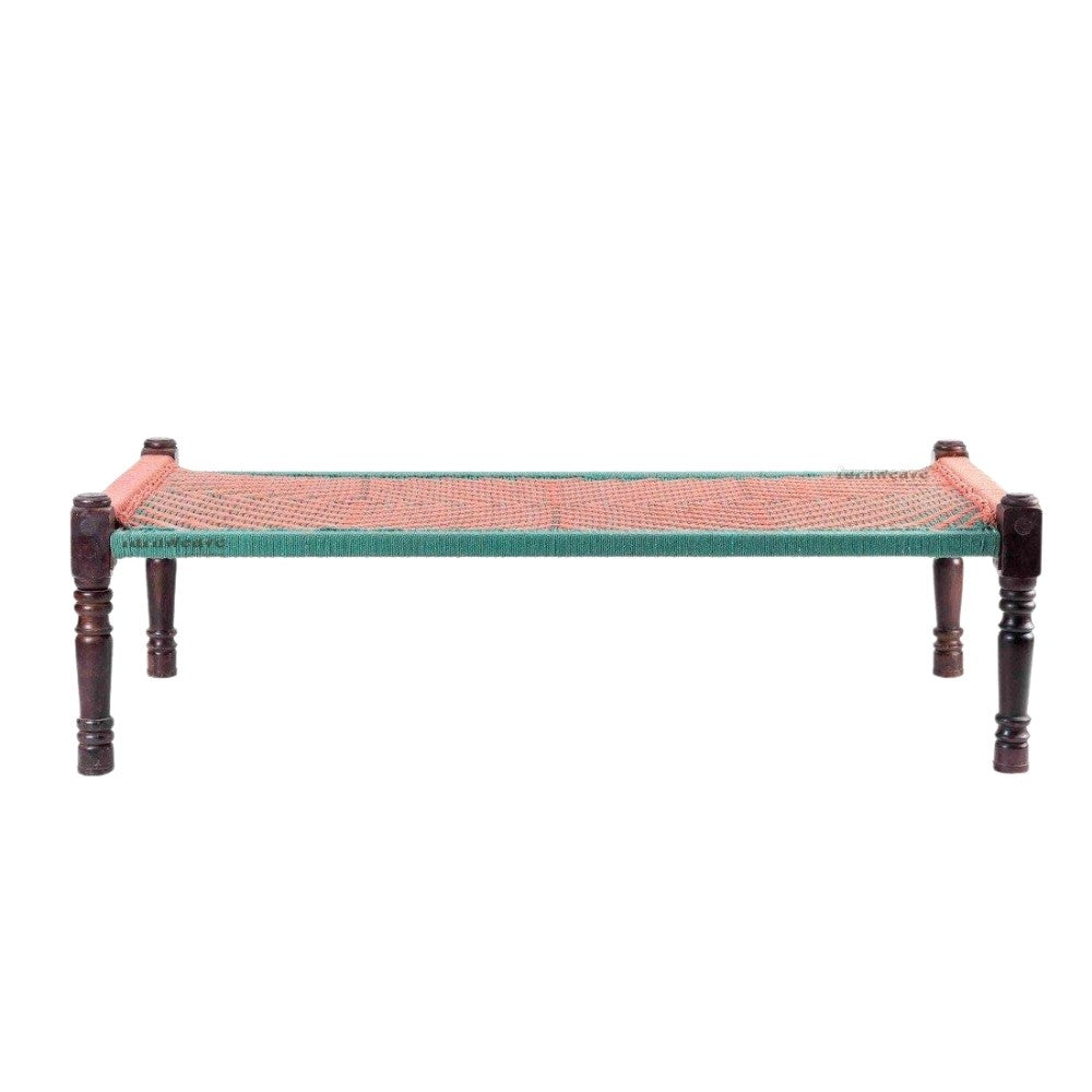 Rajasthani Wooden Khatiya Khaat with Two Stools with Plank (Orange and Green)