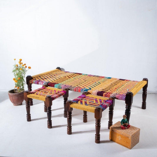 Rajasthani Wooden Khatiya Khaat with Two Stools (Multi and Yellow)