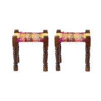 Rajasthani Wooden Khatiya Khaat with Two Stools (Multi and Yellow)