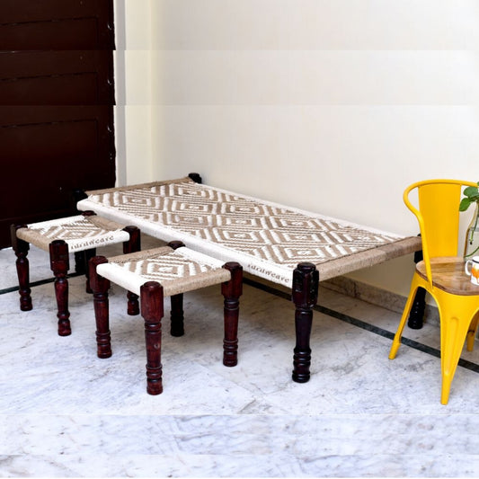 Rajasthani Wooden Khatiya Khaat with Two Stools (White Jute)