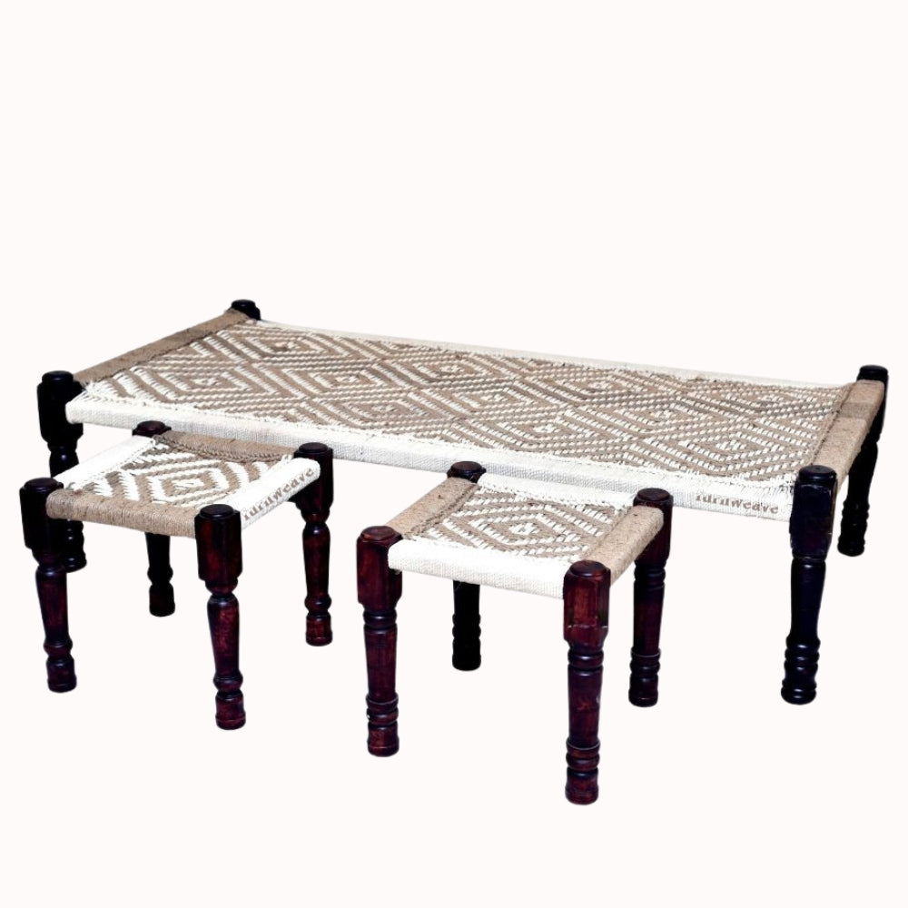 Rajasthani Wooden Khatiya Khaat with Two Stools (White Jute)