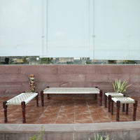 Rajasthani Wooden Charpai, Bench and 2 Stools Set (White Jute)