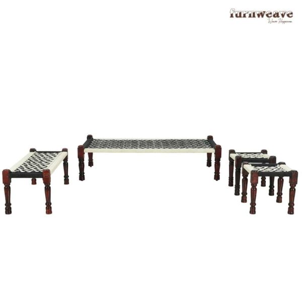 Furnweave Handwoven White and Black Set of Charpai | Stool set of Two | Bench | Sheesham Wood | Cotton Rope by Furnweave