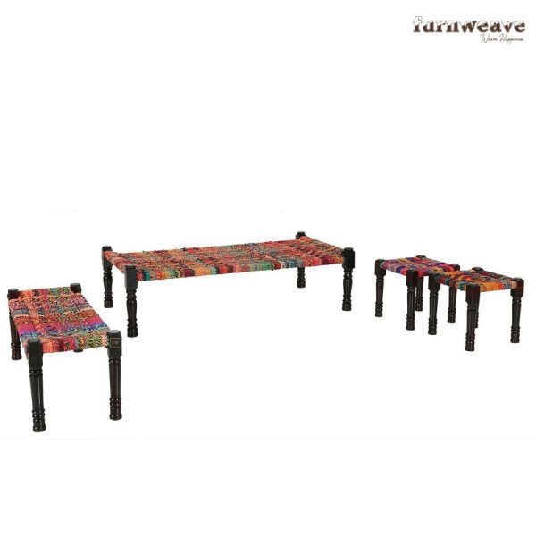 Furnweave Handwoven Multicolor Charpai | Stool set of Two | Bench | Chindi Rope by Furnweave