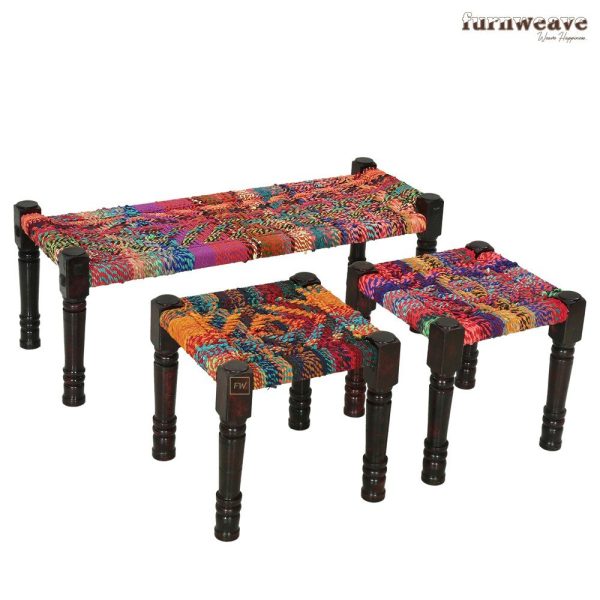 Furnweave Set of Two Stools and One Bench Multicolor by Furnweave