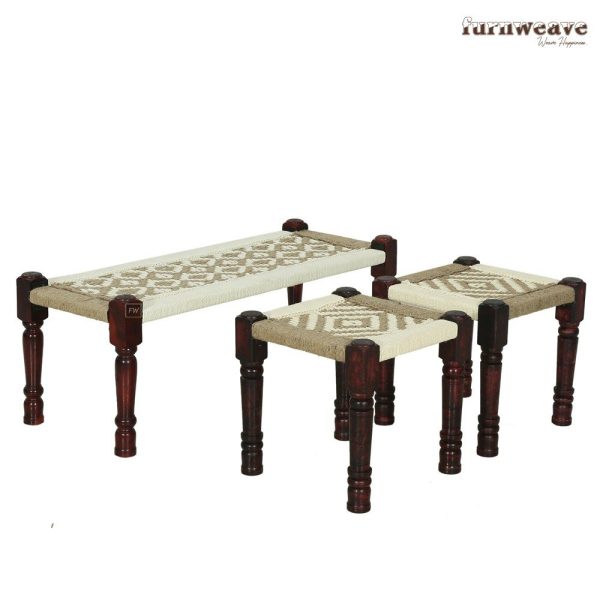 Furnweave Handwoven Jute Braided Set of Two Stools and a Bench | Sheesham Wood | Cotton and Jute Rope | White by Furnweave