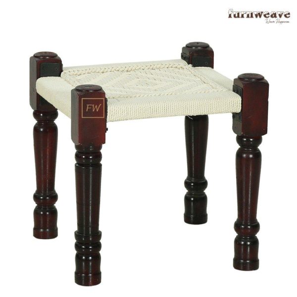 Furnweave Handwoven Bench and Set of Two Stools | Sheesham Wood | Cotton Rope | White by Furnweave