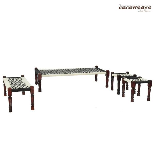Furnweave Handwoven White and Black Set of Charpai | Stool set of Two | Bench | Sheesham Wood | Cotton Rope by Furnweave