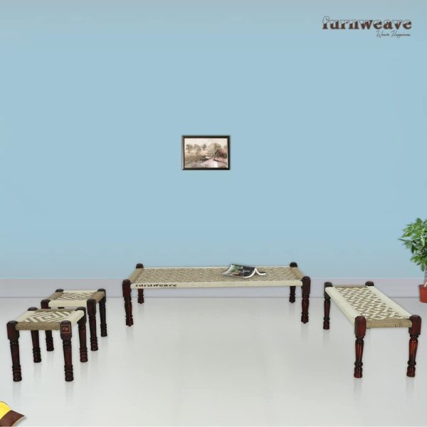 Buy wooden charpai online with a bench and stools- Furnweave