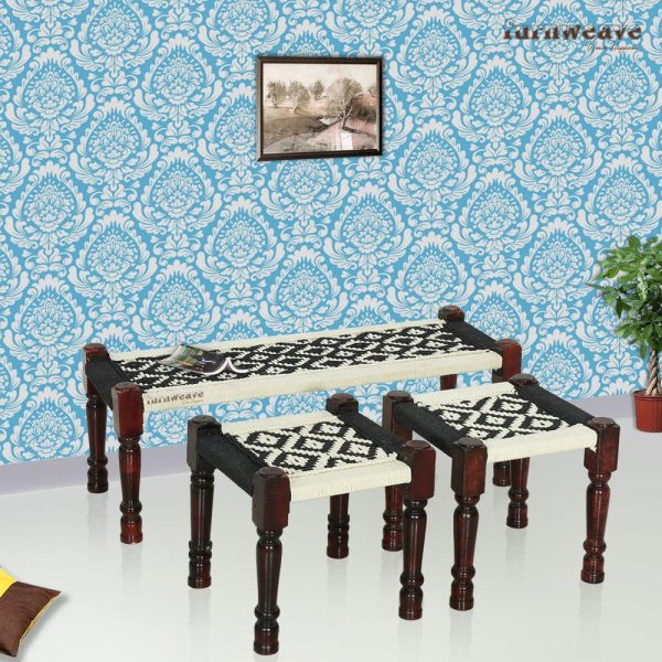 Buy Black and White Handwoven Stool Set Online | Furnweave
