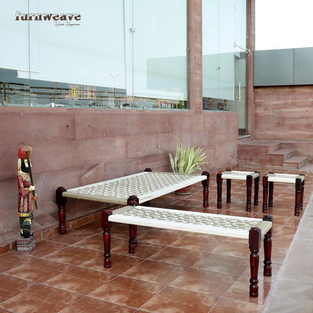 Buy wooden charpai online with bench and stools- Furnweave