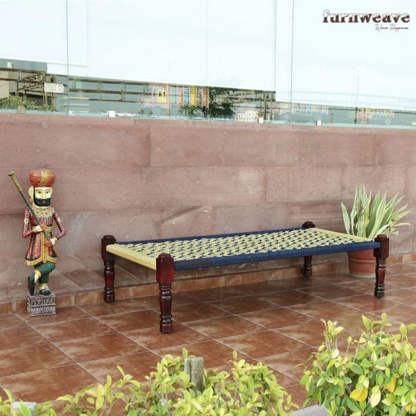 Buy Blue and Yellow Handwoven Wooden Charpai | Furnweave
