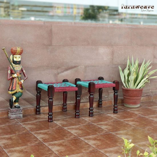 Buy Pidha in India- Furnweave -Buy Green and Pink Handwoven Stools Online | Furnweave
