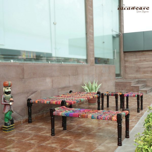 Furnweave Handwoven Multicolor Charpai | Stool set of Two | Bench | Chindi Rope by Furnweave