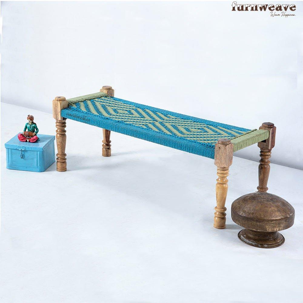 Furnweave-Suprising Benefits Of Seating Benches -Buy Beautiful Handwoven Wooden Bench - sky blue & green color