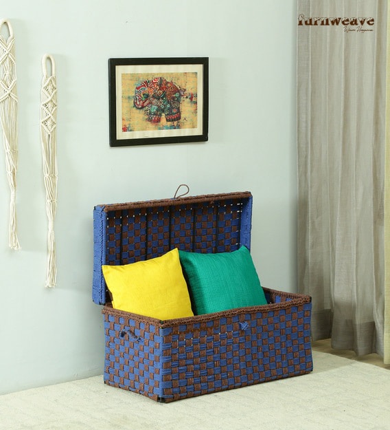 Buy Blue & Brown Woven Blanket Box Online in India | Woven Storage Furniture online in India | Woven Laundry Box online | Furnweave