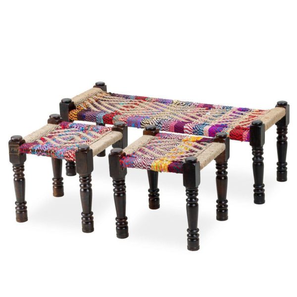 Furnweave Handwoven Bench and Set of Two Stools Multicolor and Beige by Furnweave